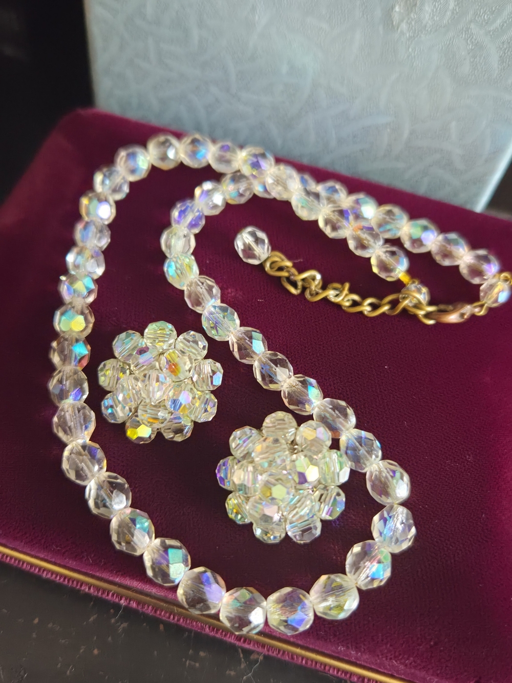 Aurora Crystal Bead Necklace and Clip-On Earrings - Clear Aurora Borealis